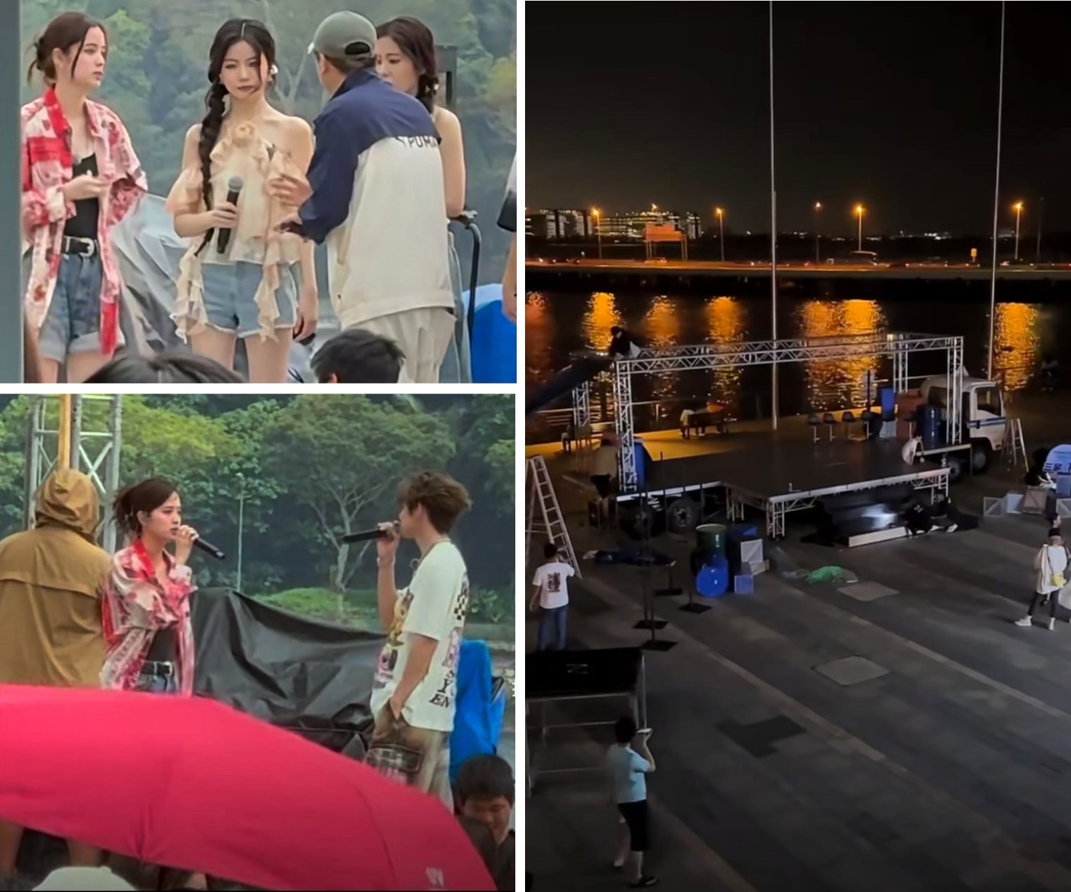 ■遥对新加坡的舞台，昨晚已搭建，今午艺人欧阳娜娜、陈卓璇、张碧晨和王琳凯(小鬼)等人在现场彩排。