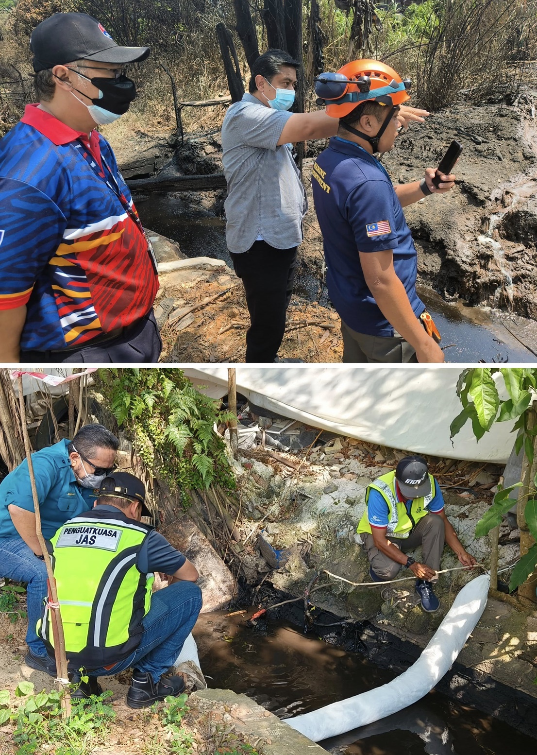 ■新山市长(上图中者)视察现场污油流入沟通河流情况。