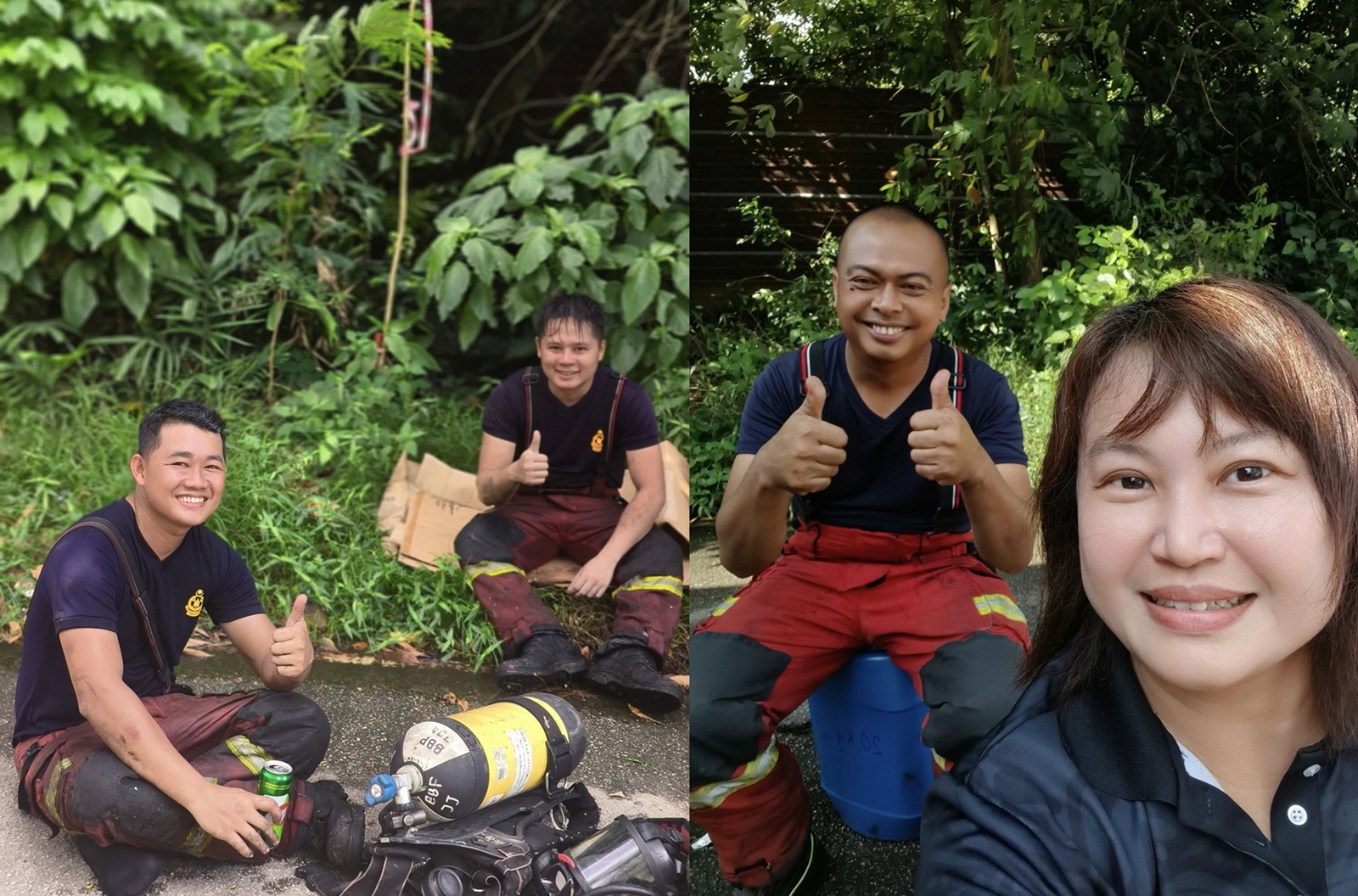 ■火势扑灭后,陈珊珊(右)慰问劳苦功高的消拯员。