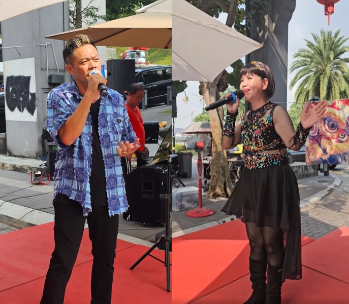 ■左：歌手俊杰在现场演唱福建歌曲《一人一种命》。■右：来自新加坡的苏安妮带来她的拿手好歌《来格通》。