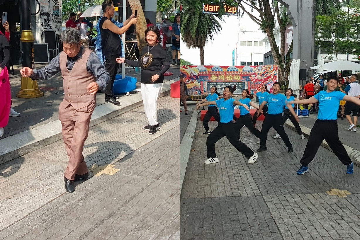 ■左：观众与歌手（前者）闻歌起舞。■右：来自马来西亚创价学会的青春学员们，来到老街展现活力四射的舞蹈。