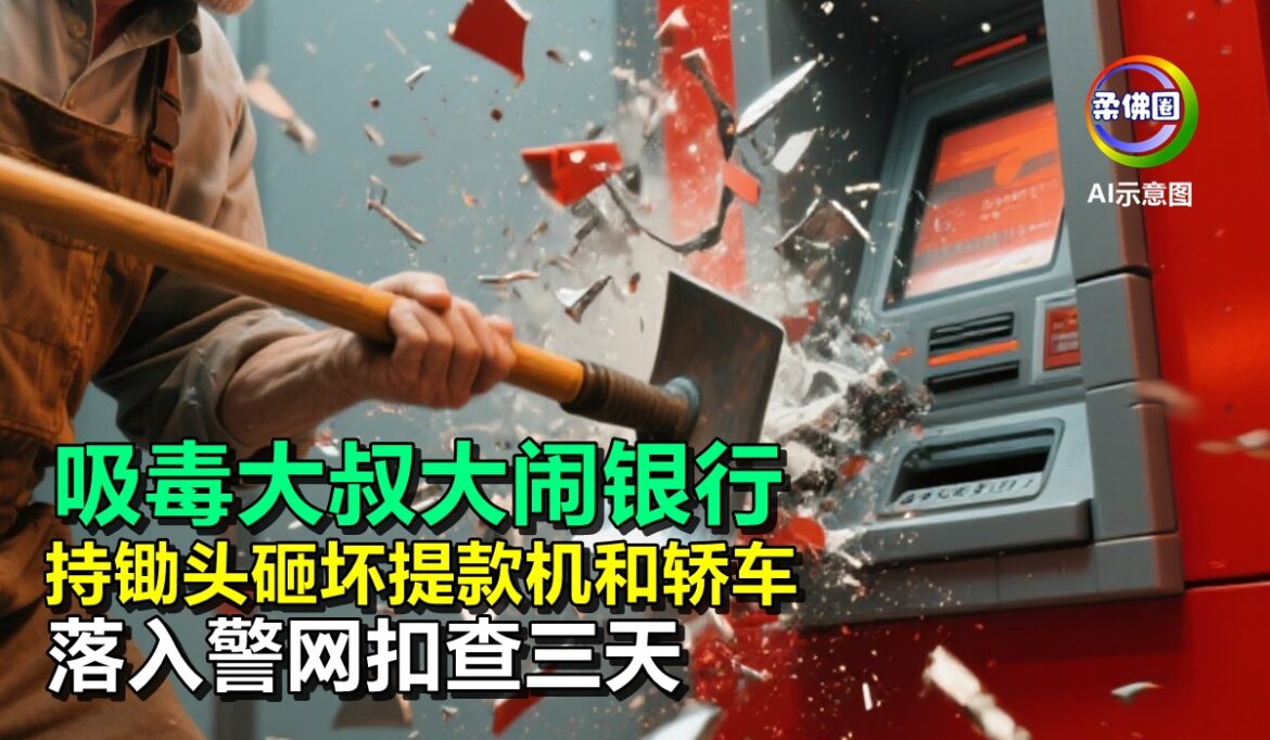 吸毒大叔大闹银行  持锄头砸坏提款机和轿车  落入警网扣查三天