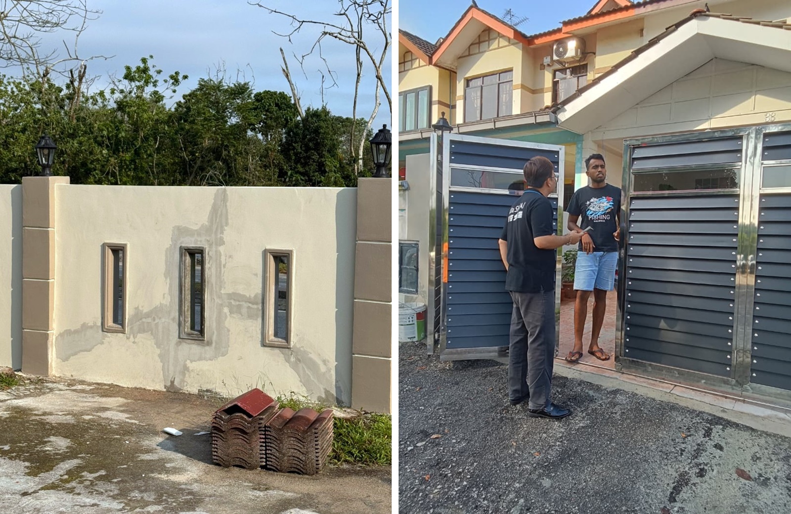 ■士姑来州议员办公室职员陈家豪向波及居民了解情况，围墙受损，所幸还可以修复。