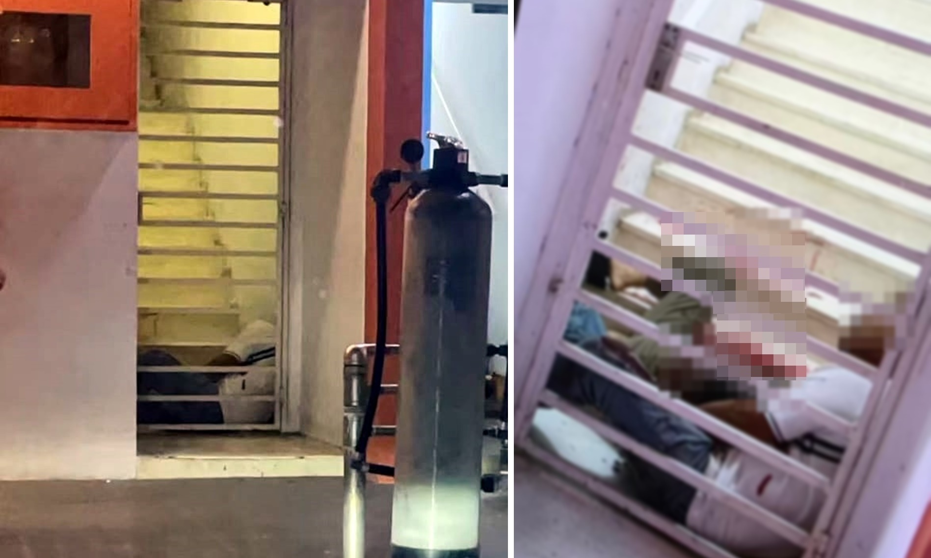 ■一对男女躺在楼梯处,血迹斑斑。(图:小红书)