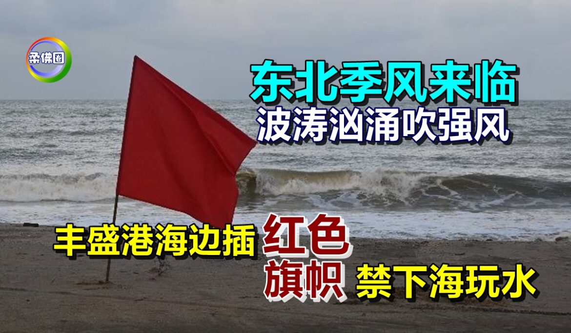 东北季风来临  波涛汹涌吹强风  丰盛港海边插“红色旗帜”  禁下海玩水
