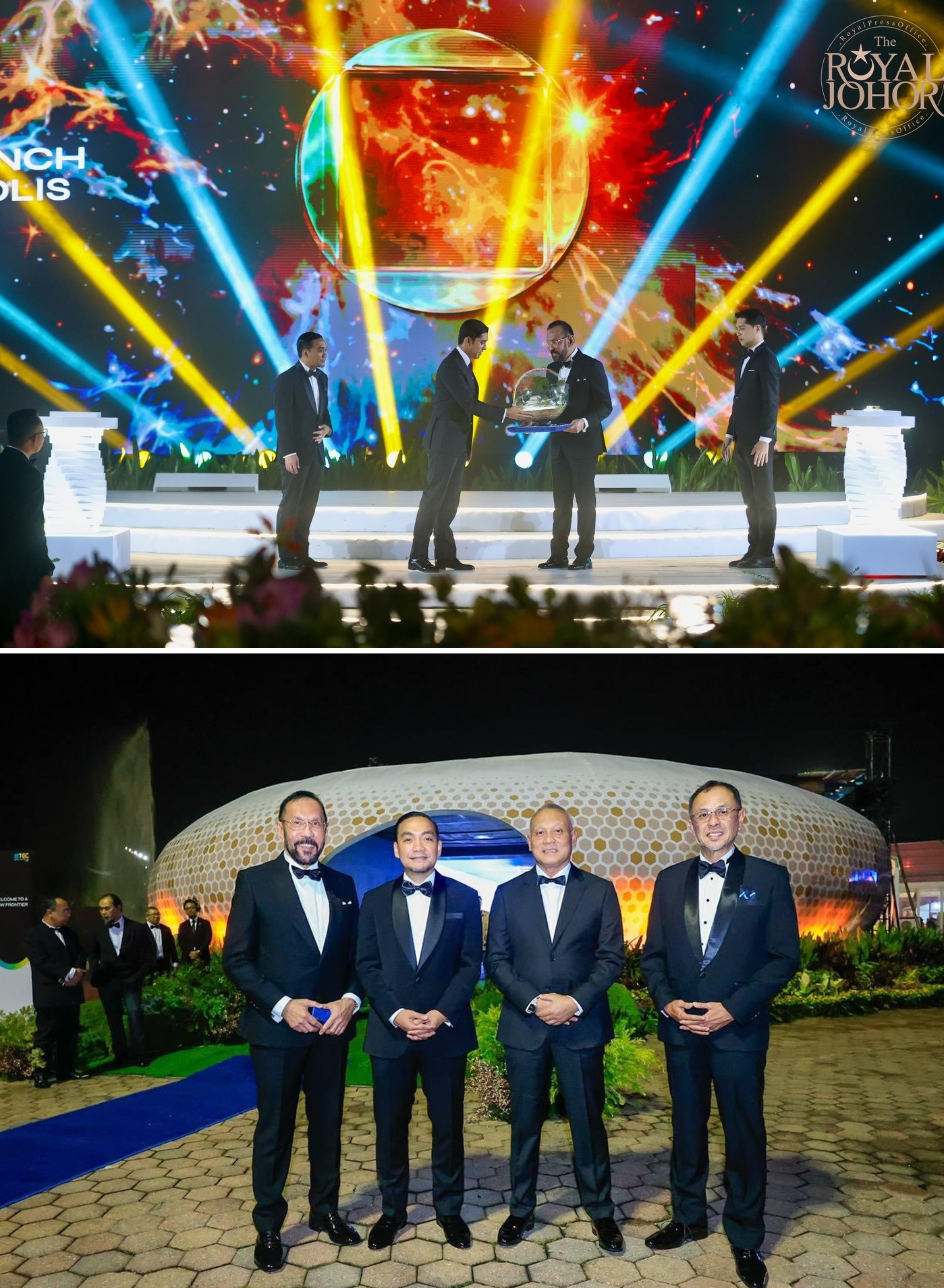 ■四王子（左2）为依布拉欣科技城主持推介礼，由大臣拿督翁哈菲兹（左）和佛置地集团董事经理拿督阿克马（右2）陪同。