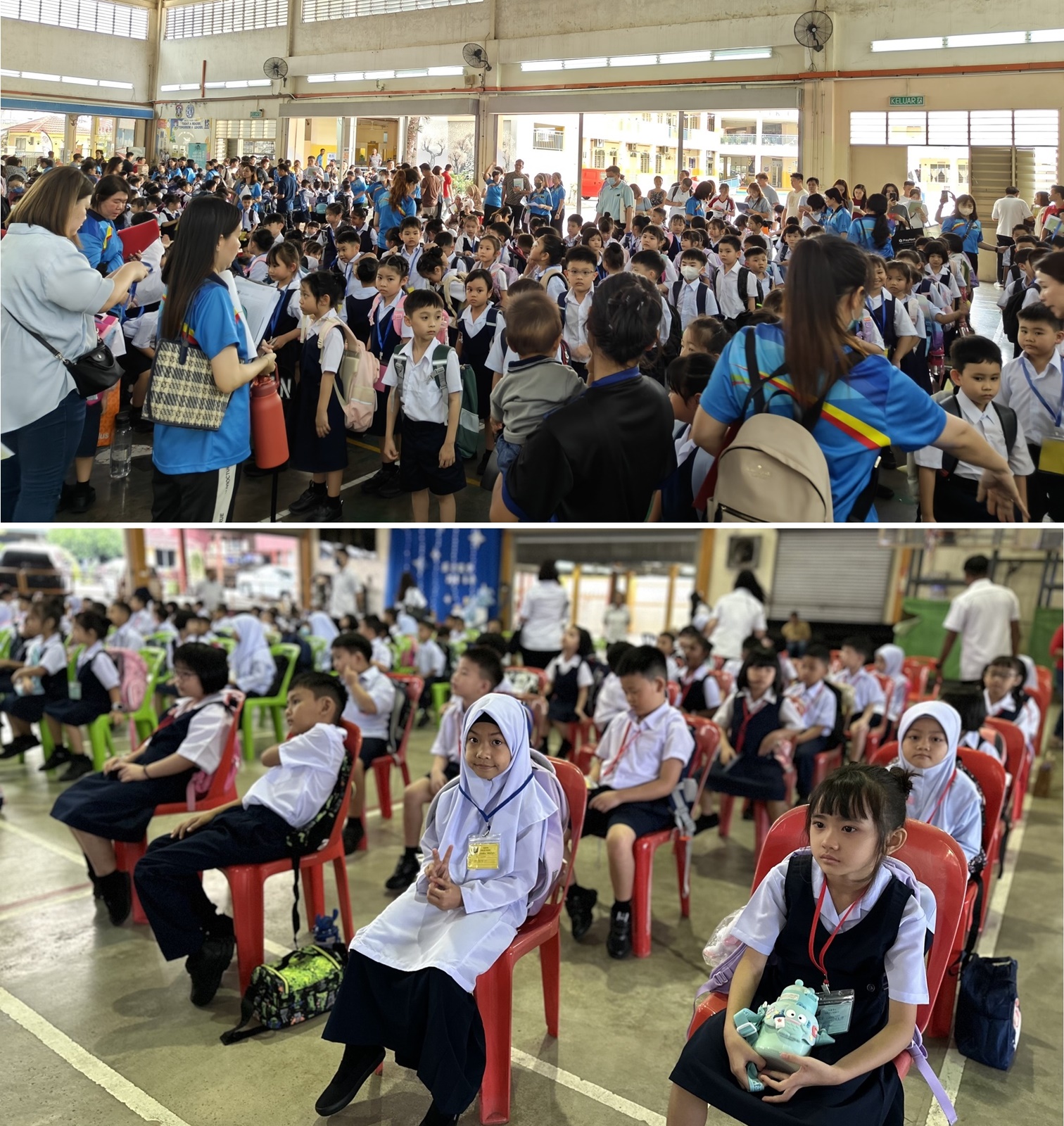 ■上图：宽柔五小礼堂挤满刚入学的新生。（图自宽柔五小FB）■下图：马塞华小可见不少友族学生。（图自马塞华小FB）