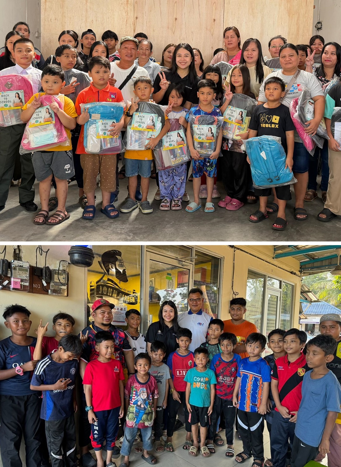 ■行动党柔佛再也州议员办公室日前赠送书包及开学用品、带学生去理发，准备精神奕奕去上学。中黑衣者是廖彩彤。