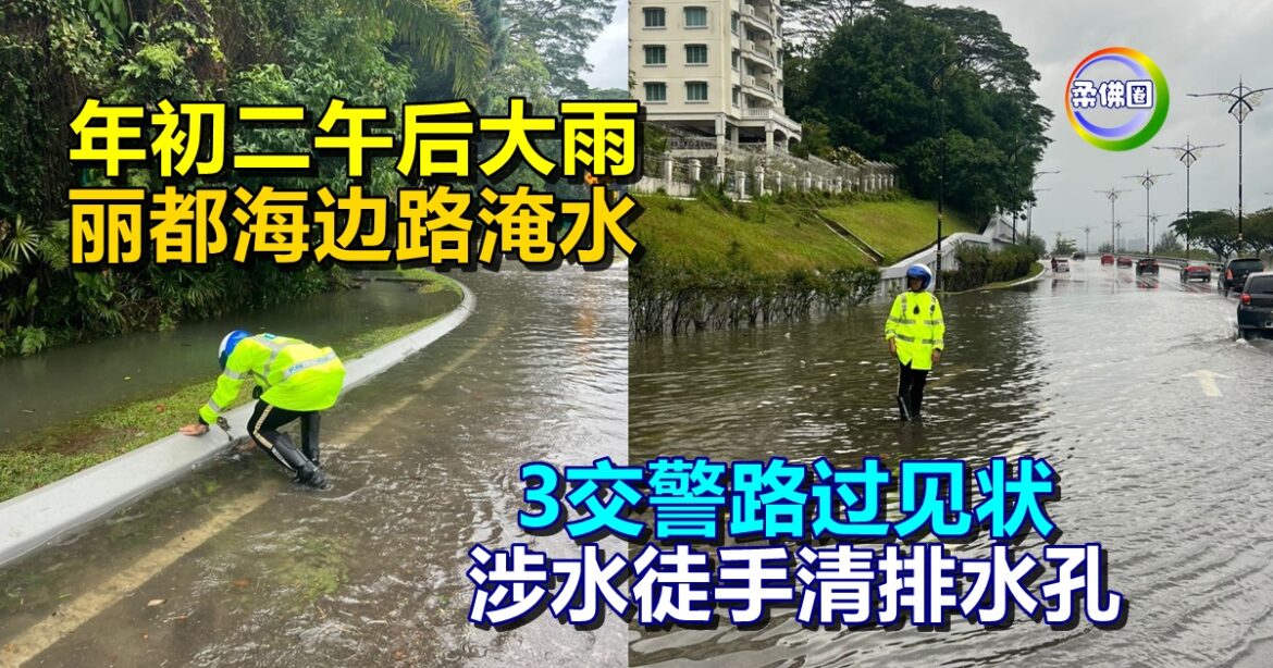 年初二午后大雨  丽都海边路淹水  3交警路过见状  涉水徒手清排水孔