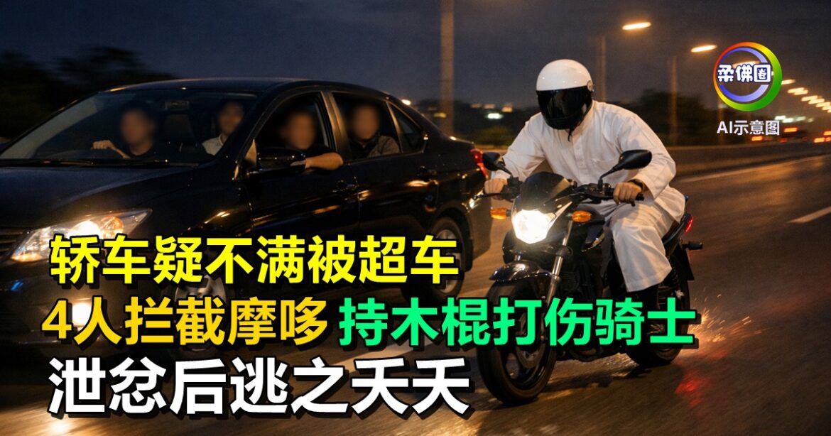 轿车疑不满被超车  4人拦截摩哆  持木棍打伤骑士  泄忿后逃之夭夭