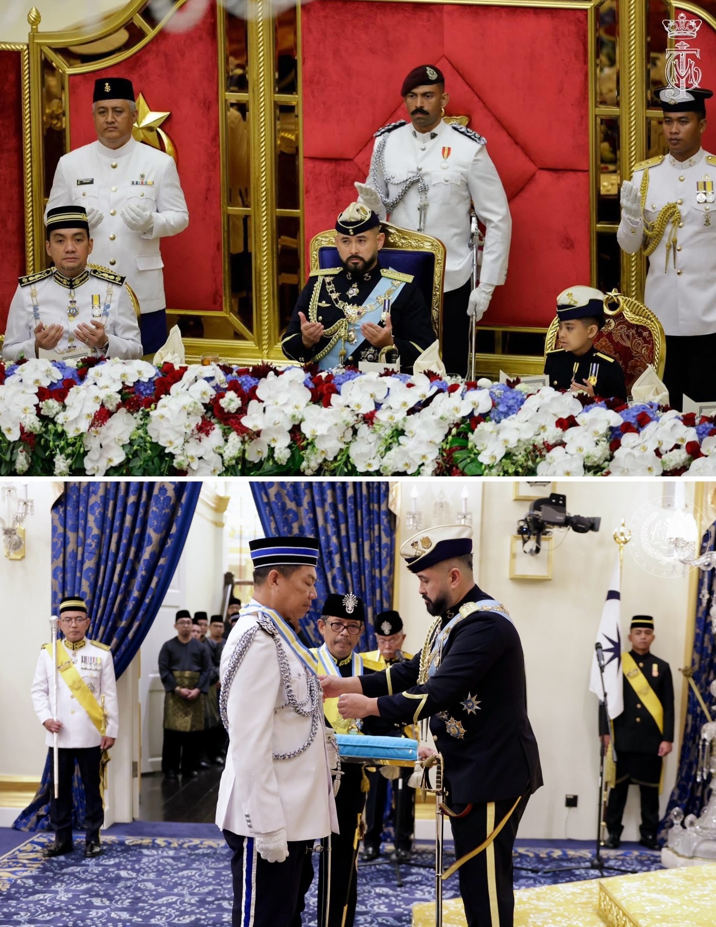 ■柔佛州务大臣拿督翁哈菲兹(左起)、摄政王和副王出席仪式。(下图为柔佛总警长拿督拉哈曼接受勋衔。