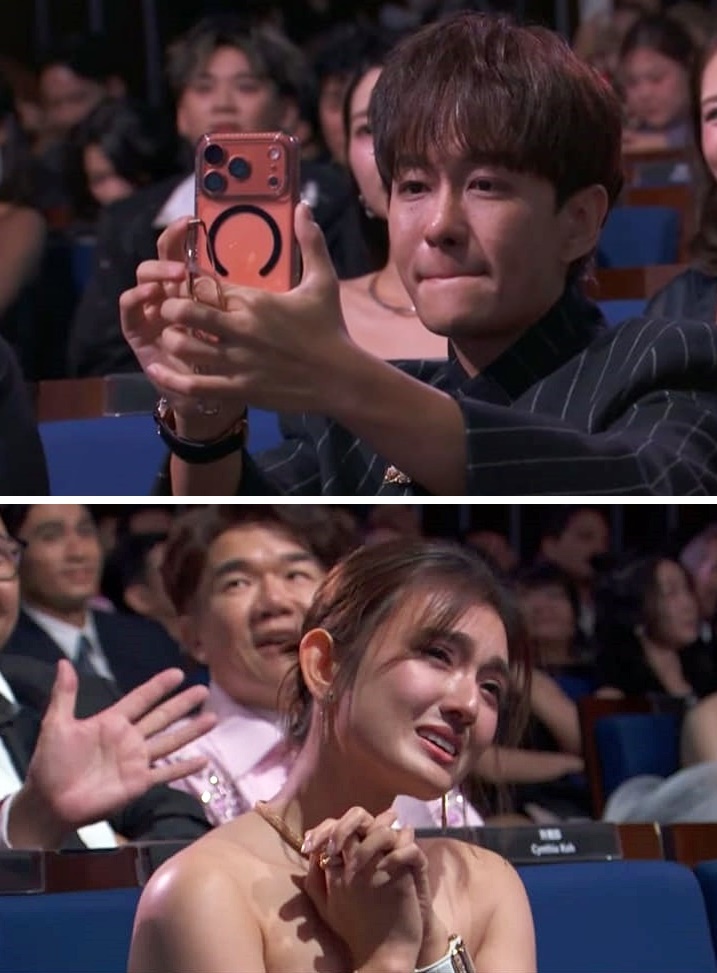 ■见妻子刘子绚首获视后，丈夫张奕恺首获十大最受欢迎，台下的铭耀和洪凌满满感 动。