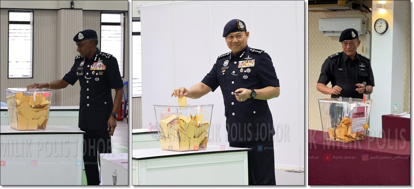 ■武吉安曼刑事调查部总监拿督M.古马(柔佛前总警长,左起)、柔佛总警长拉哈曼、柔佛副总警长何泉发)今早陆续投票。