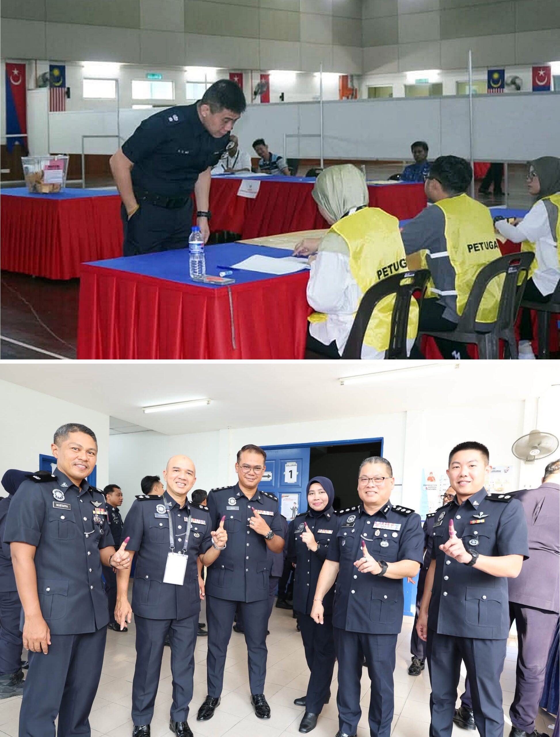 ■新山南警区副主任黄信杰(上图)、古来警区主任陈胜利(下图右2)也与同僚们一同完成投票义务。右是士乃警局局长许佳耀 。