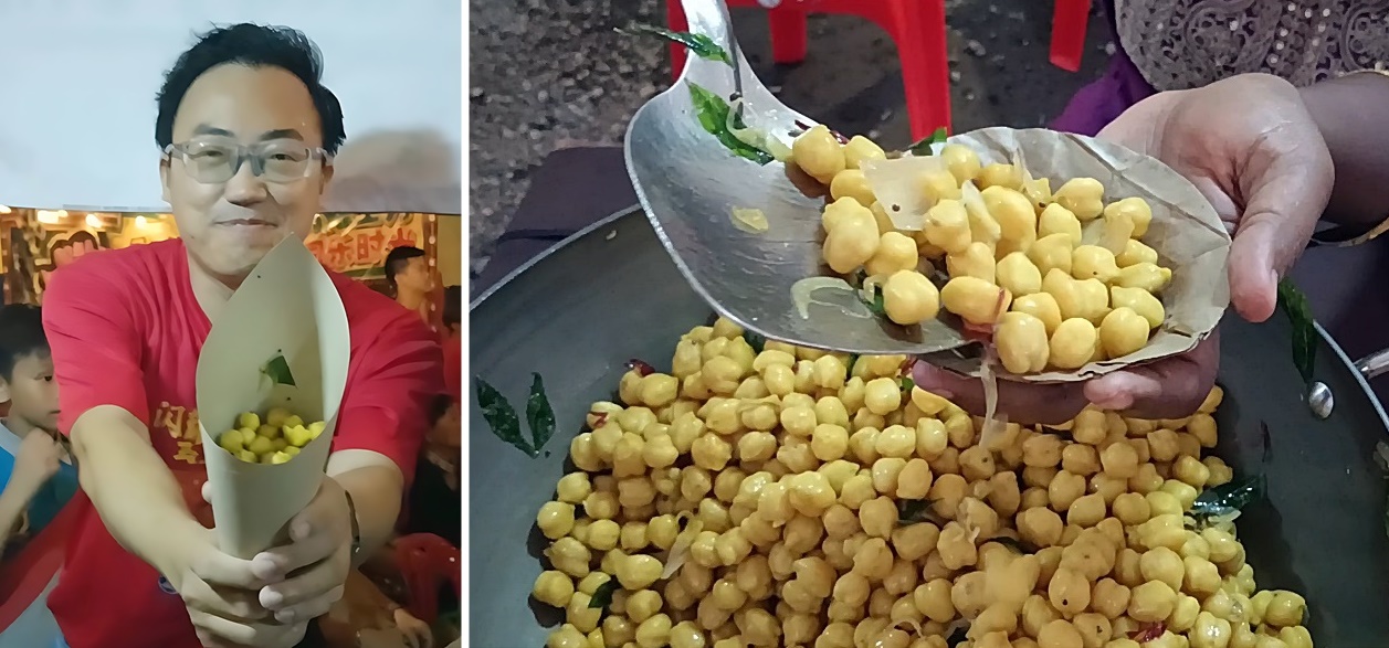 ■Kacang Putih这样卖，你见过吗？除了标志性锥形长纸筒，还有用叶子盛装的。