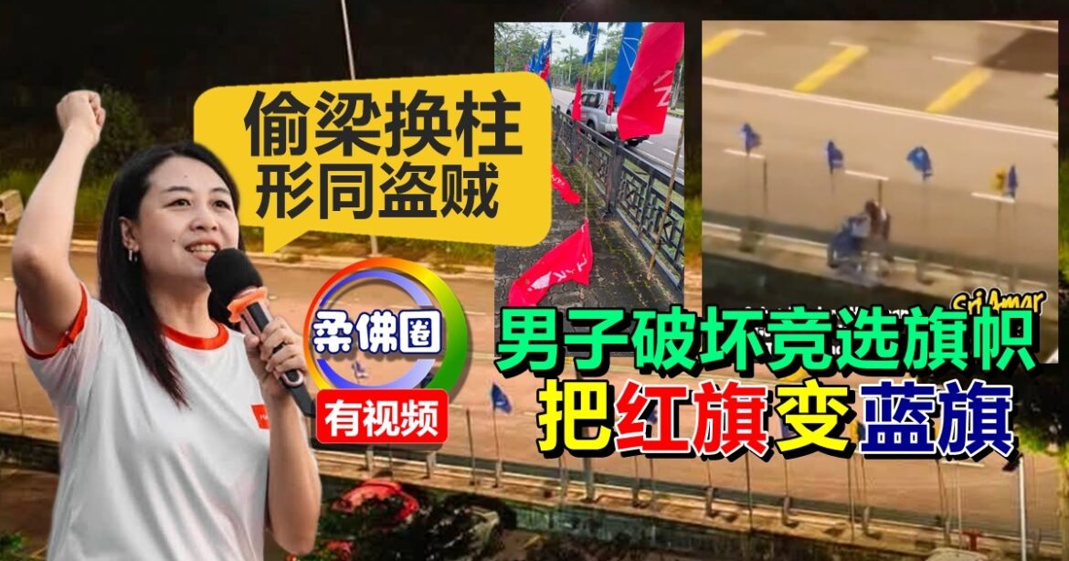 男子被拍到破坏竞选旗帜  把红旗变蓝旗  廖彩彤谴责:偷梁换柱行径  形同盗贼