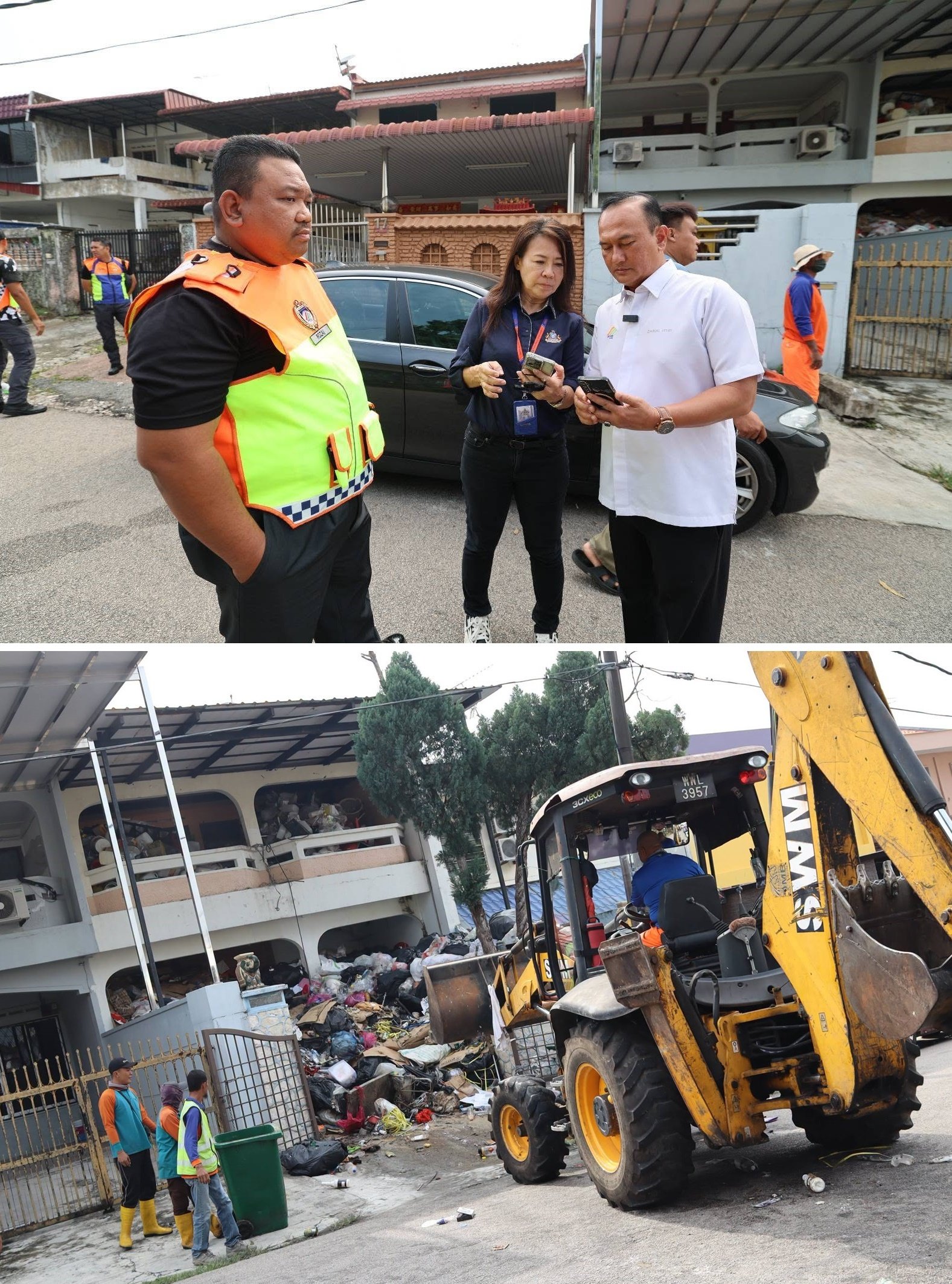 ■新山市议员黄丽云向Zainal Fitri汇报大丰盛园垃圾屋情况。