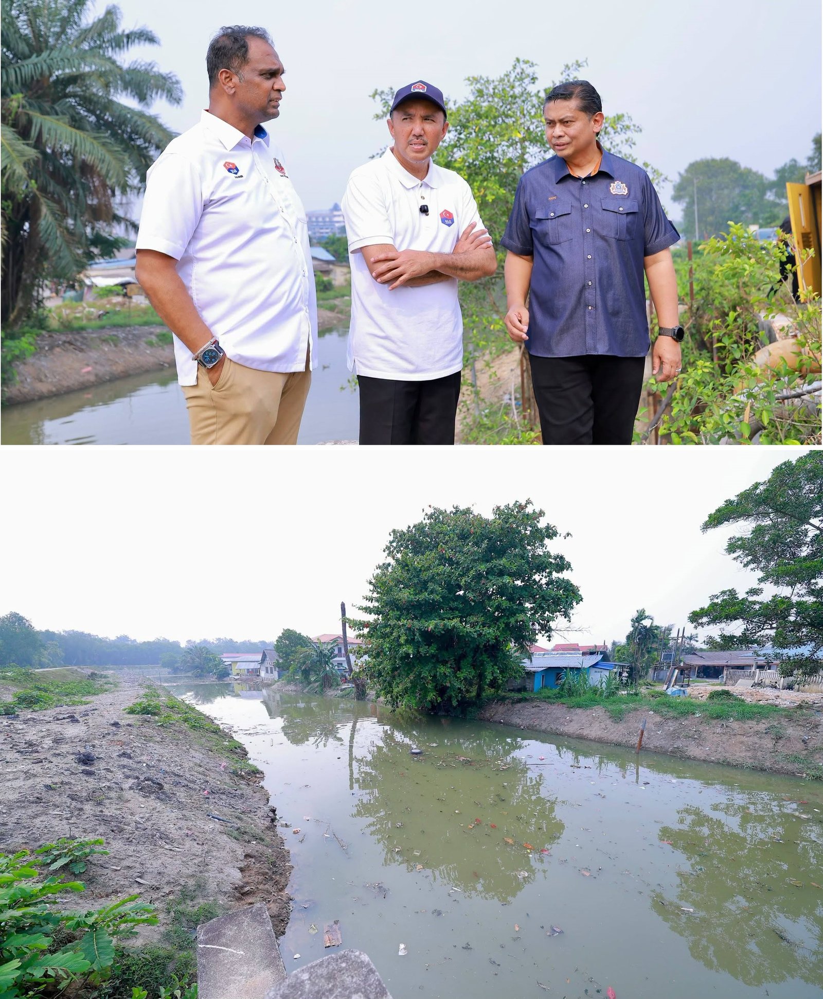 ■潘尼尔（左起）、嘉福尼和新山市长拿督莫哈末哈菲兹哈菲兹视察kampung pasir治水工程。